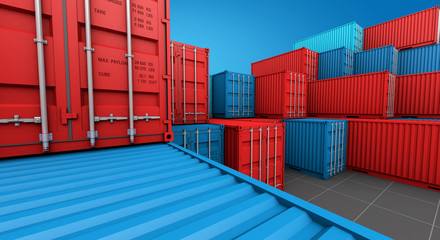 Stack of containers box, Cargo freight ship for import export 3D - obrazy, fototapety, plakaty
