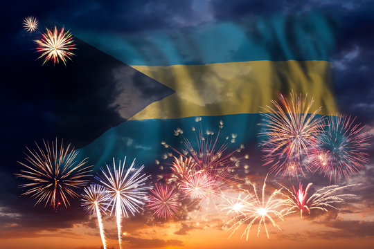 Fireworks and flag of Bahamas