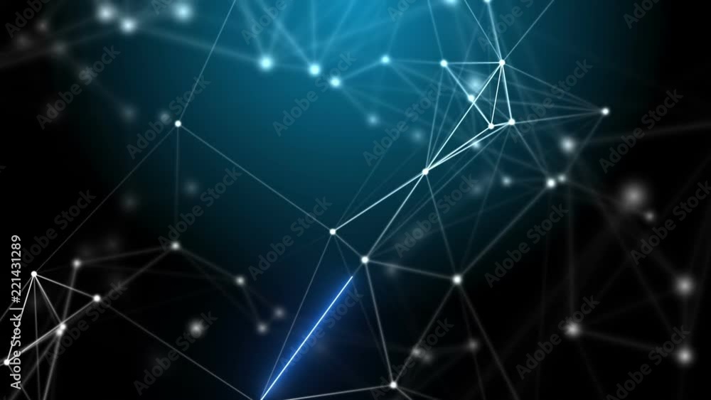 Poster Plexus lines and dots in organic motion and light beams growing and generating flickering lights. Abstract technology, science and engineering motion background. Depth of field settings. 3D rendering.