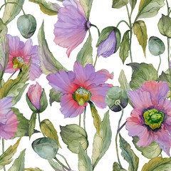 Beautiful lilac poppy flowers with green leaves on white background. Seamless floral pattern. Watercolor painting. Hand painted illustration.