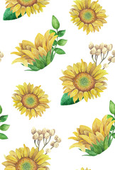 Sunflowers pattern. Watercolor rustic floral. Country flowers