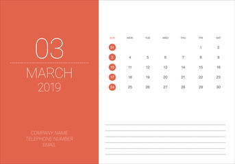 March 2019 desk calendar vector illustration