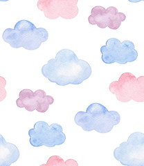 Watercolor pink, blue and purple clouds. Kids and baby pattern