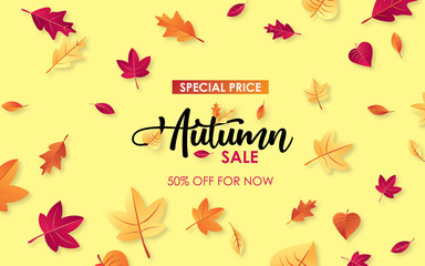 Autumn sale background vector with leaves. For shopping sale, poster, leaflet or web banner.