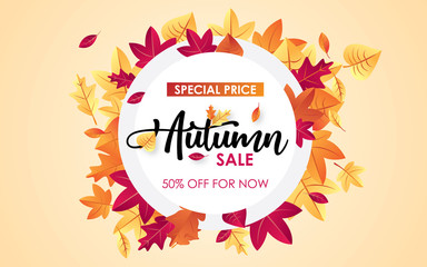 Autumn sale background vector with leaves. For shopping sale, poster, leaflet or web banner.