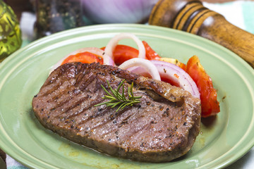 Fried steak, Tomato, onion