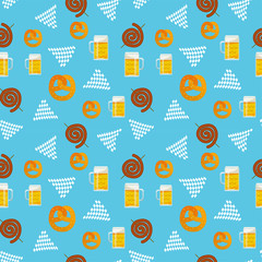 Seamless flat pattern of traditional Oktoberfest food. Oktoberfest beer festival icons. Oktoberfest symbol: mug, snack, pretzel, sausage, tags, garland on blue background