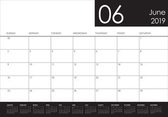 June 2019 desk calendar vector illustration