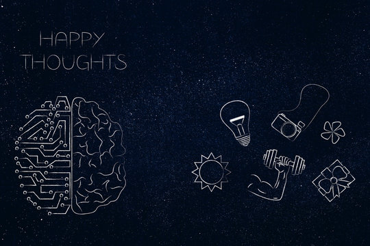 circuit and human brain with happy thoughts next to dream-themed icons