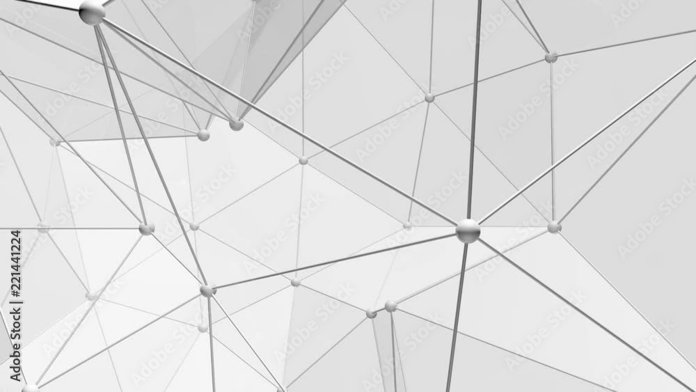 Poster white 3d plexus style structure with transparent polygonal surfaces slowly rotating. abstract techno