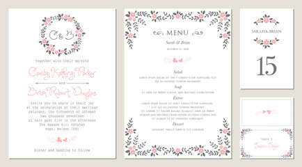 Invitation, menu, table number and name place card design.  Floral wedding templates. 