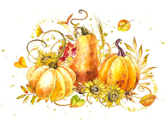 Pumpkins composition. Hand drawn watercolor painting on white background. Watercolor illustration with a splash. Happy Thanksgiving Pumpkin.