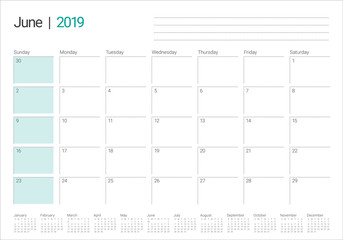 June 2019 desk calendar vector illustration
