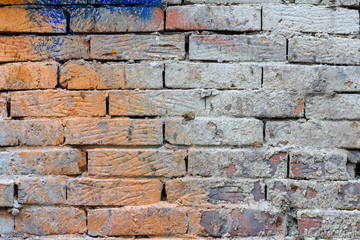 Painted old red brick wall texture with cement mortar stains. Abstract brick wall background