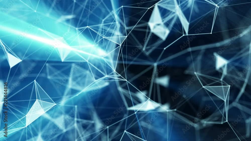 Poster blue abstract technology, science and engineering motion background. lines, nodes and polygons plexu