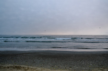 Beach of Black Sea from Mamaia, Romania with water and sand, foggy day