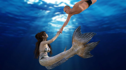 
Mermaid seduces young man under water - mermaid and young man - 3d render