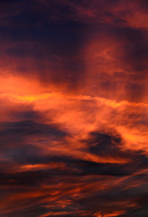 Vivid colored mystic sky, dark silhouette, ray of lights