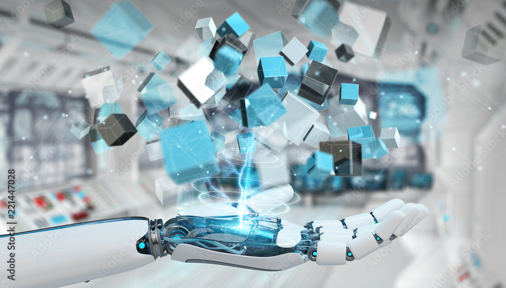 Leinwandbilder white cyborg hand using blue digital cube structure 3d rendering
