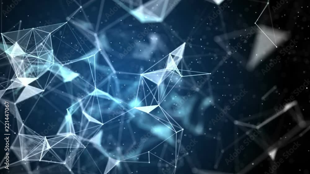 Poster Blue abstract technology, science and engineering motion background. Lines, nodes and polygons plexus structure in organic motion. Depth of field settings. 3D rendering.