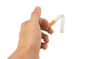cut cigarette hand hold isolated on white background