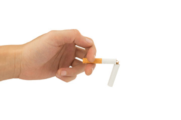 cut cigarette hand hold isolated on white background