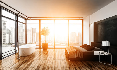 Modern bedroom illuminated by bright sunlight