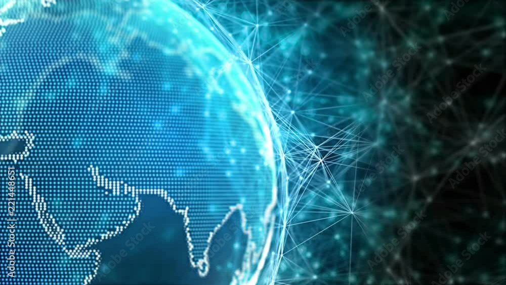 Poster Animated lines and nodes plexus structure being pushed by slowly growing blue Earth globe. Technology, science and engineering motion background. Depth of field settings. 3D rendering.
