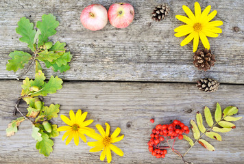 Bright round composition of yellow flowers, Rowan, cones and acorns and apples on rustic wooden background in autumn. closup. Flatley