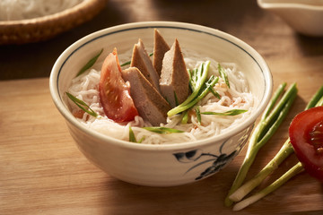 Bun cha ca - one of most popular soup noodle in the seaside area with rice noodle, grilled fish,...
