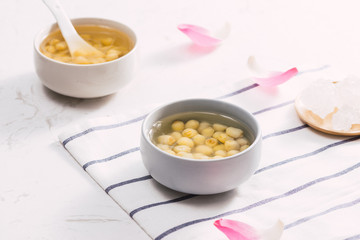 Vietnamese food, sweet lotus seed gruel, ingredients: lotus bean, sugar candy. this Vietnam dish for dessert or snack, very delicious, tasty, nutrition, make sleep well