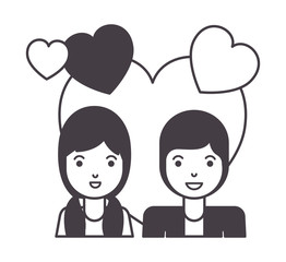 young couple with hearts love characters