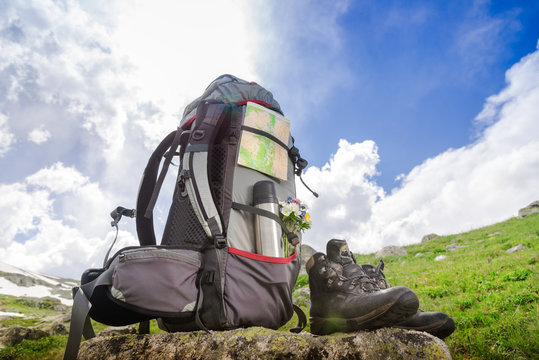 Backpack with hiking equipment