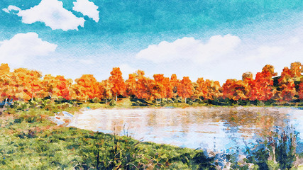 Decorative watercolor autumn landscape with scenic colorful trees on the shore of forest lake or pond at sunny autumnal day. Digital art painting from my own 3D rendering file.
