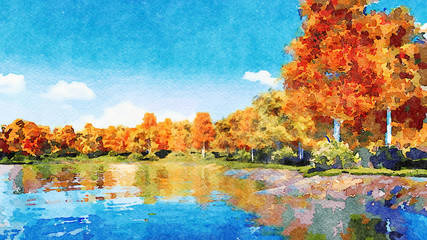 Beautiful watercolor autumn landscape with lush colorful autumnal trees on the shore of calm forest lake or pond at sunny fall day. Digital art painting from my own 3D rendering file.