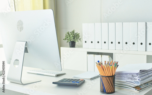 Workspace Desktop Doents On The Office Table Stock Photo And Workspace Desktop Doents On The Office Table