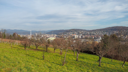 Fototapeta na wymiar Vue sur la ville de Lörrach en Allemagne du sud depuis les collines de Tullingen.