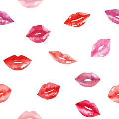 Women's lips pattern. Hand drawn watercolor lips isolated on white background.  Fashion and beauty illustration. Sexy kiss. Design for beauty salon, make-up studio, makeup artist, meeting website. 