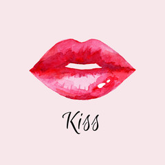 Fototapeta premium Women's lips. Hand drawn watercolor lips isolated on white background. Fashion and beauty illustration. Sexy kiss. Design for beauty salon, make-up studio, makeup artist, meeting website. 