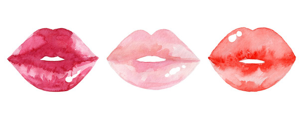 Women's lips set. Hand drawn watercolor lips isolated on white background.  Fashion and beauty illustration. Sexy kiss. Design for beauty salon, make-up studio, makeup artist, meeting website. 