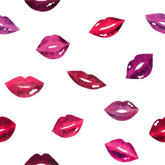 Women's lips pattern. Hand drawn watercolor lips isolated on white background.  Fashion and beauty illustration. Sexy kiss. Design for beauty salon, make-up studio, makeup artist, meeting website. 
