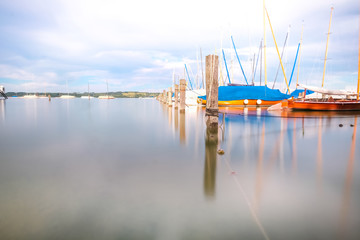 Boats and yachts in a marina.