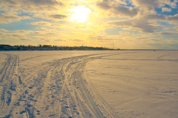 View of the frozen Volga river in winter in Kostroma, Russia.