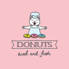 Donuts - sweet and fresh. Donut shop flyer template with cute cat baker. Can be used for invitation and promo. Vector illustration 8 EPS
