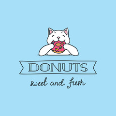 
Donuts - sweet and fresh. Donut shop flyer template with happy cat enjoying donut. Can be used for invitation and promo. Vector illustration 8 EPS