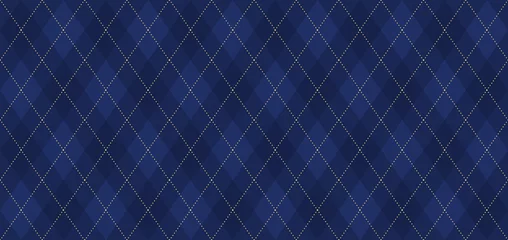 Wallpaper murals Blue gold Argyle vector pattern. Navy blue with thin golden dotted line. Seamless dark geometric background for fabric, textile, men's clothing, wrapping paper. Backdrop for Little Gentleman party invite card