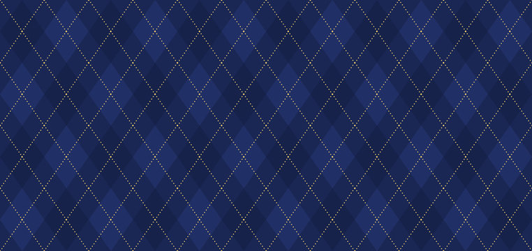 Argyle vector pattern. Navy blue with thin golden dotted line. Seamless dark geometric background for fabric, textile, men's clothing, wrapping paper. Backdrop for Little Gentleman party invite card