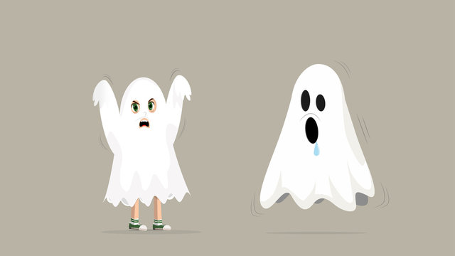 A boy under a white cloth is tricked into scaring ghosts.