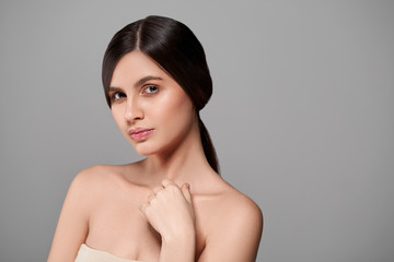 Beautiful natural skin makeup helathy skin care face brunette woman