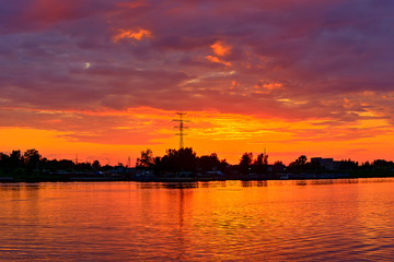 Sunset over the river Kostroma. Kostroma, Russia.